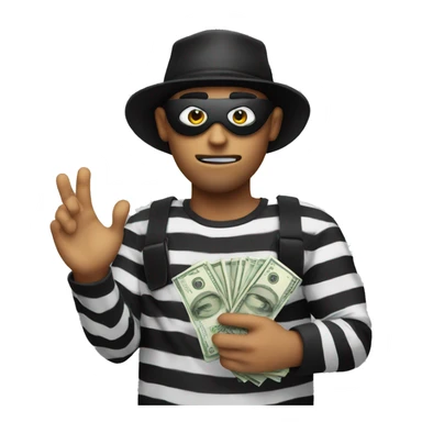 Robber where a black and white stripe shirt and black hat with a eye mask on holding a money bag sticker