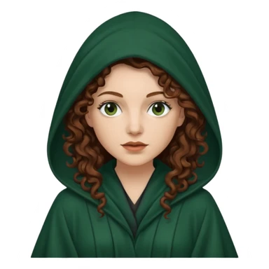 A white woman with long dark auburn hair robed and hooded like she's a Traitor in the tv show The Traitors. her hair is curly and the robe is a dark dark green sticker