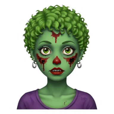faça uma cabeça verde de zumbi femenina, com im cabelo curtinho cacheado, piercing no nariz, e brincos na orelha sticker