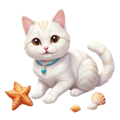 A cheerful white cat with soft fur, sitting on a sandy beach under a bright sun, with a small seashell next to its paw and gentle waves in the background. The cat has a playful expression, and its tail is curled around its body. The scene is simple, with a focus on the cat's happiness and the serene beach atmosphere.good deer sticker
