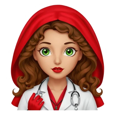 Spanish sexy evil woman. She has green eyes.  had brown long curly hair.  evil surgeon kills with needle wears red sexy doctor coat with red Juliet veil on her mouth and nose ONLY to hide and wearing red gloves. Hair is free and flowing long  sticker