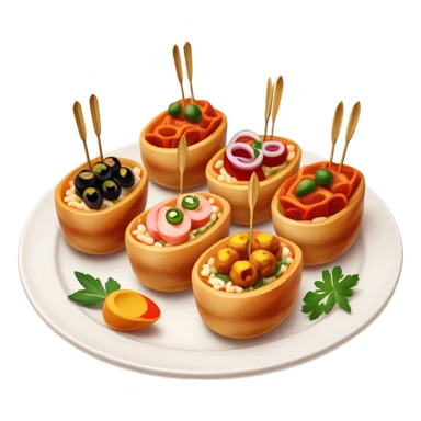 Tapas (4 Pintxos) Cinematic Realistic Tapas Dish Emoji, depicted as an assortment of 4 pintxos elegantly arranged on a plate, rendered with lifelike textures and vibrant, inviting lighting. sticker
