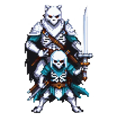 pixel art ninja skeleton wielding swords, accompanied by a white wolf sticker