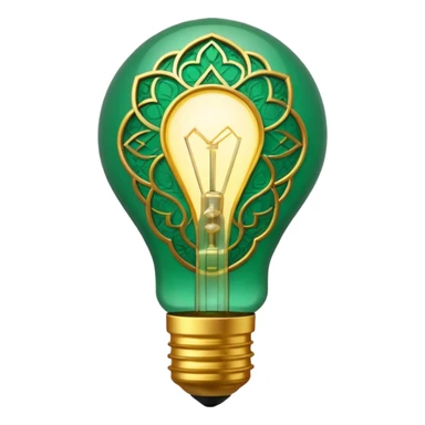 3D emoji, light bulb with Moroccan arabesque pattern inside, golden frame, glowing light, emerald green and gold colors, minimalist, white background. sticker
