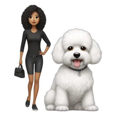 mujer pelo largo negro y perro bichon blanco sticker
