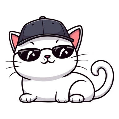 close-up of cat's face with one eye completely closed in an obvious wink, other eye open, wearing black snapback cap, black sunglasses positioned low on nose so cat is peeking over them, mischievous expression sticker