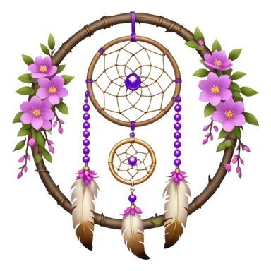A white-birch-framed Dreamcatcher. with purple-round-orbs, gold-rings hanging down. purple flowers, pink sakura flowers, sticker