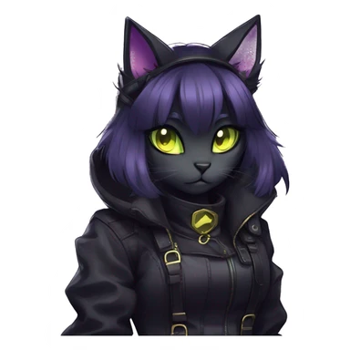 Gorgeous furry gothic dark techwear anime style anthro black cat furry sona Fakemon with blushing face yellow-green eyes with ponytail, aesthetic and pretty edgy black with violet collar and harness trending style sticker