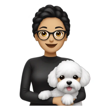 woman-black-hair-bun-with glasses-with bichon dog-white-smile-Christmas sticker
