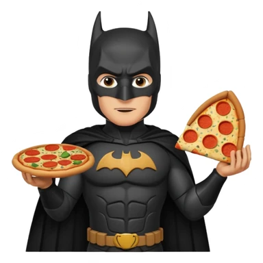 batman, wearing black ancient custome, with pizza sticker