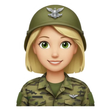 Apple-style emoji: female soldier, bust, no cap/helmet, friendly smile, generic camo top, blonde hair sticker