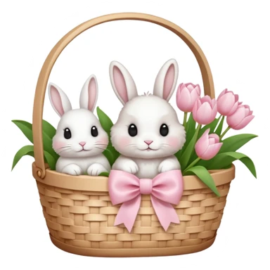 A white Picnic basket with light pink bow, white peonie, tulips and a white rabbit inside sticker