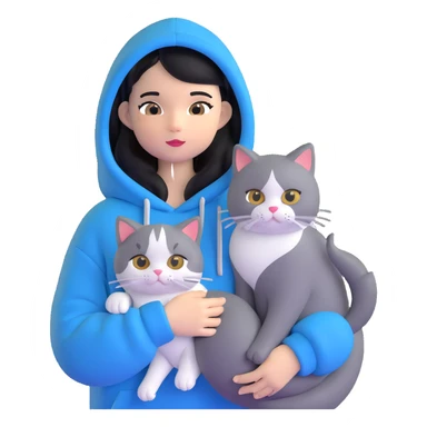 Girl with black hair in gray hoodie with a British shorthair blue and white cat and a long-haired blue and white cat sticker