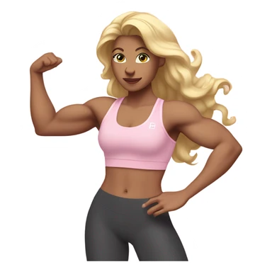 White woman, long hair, blonde hair, wavy hair, baby pink sports bra, baby pink leggings, flexing right arm sticker