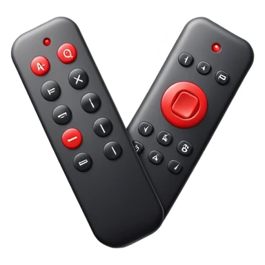 One big black tv remote control with red border, frontal face in  2 dimensions. The remote control have to have 4 buttons in black and one big one big red play button in the middle sticker