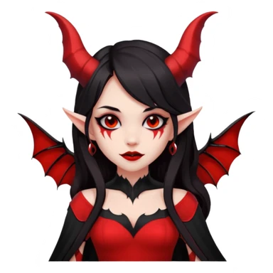 demon girl, skin red , black long hair, small horns, bat wing, black open-back dress, bold black outlines, red+black palette sticker