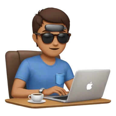 man in sunglasses typing on a laptop with a coffee cup beside him sticker