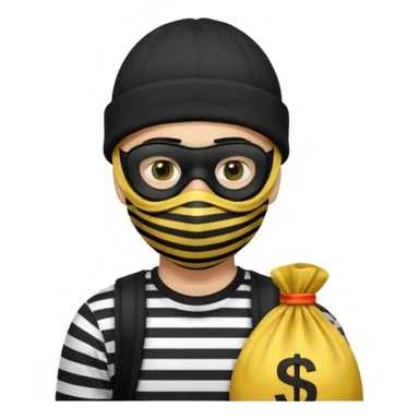 A Robber Emoji, the robber is Male, has a Black Beanie hat, has a shirt with black and white stripes, a black mask thing around his eyes, and a yellowish money bag on his hanging right shoulder, we can only see his upper body from his chest and his face he has no mask on his mouth and ha sticker