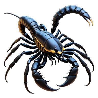 Cinematic Noble Emperor Scorpion Portrait Emoji, Poised and formidable, with a robust, armored build and a glossy, jet-black exoskeleton accented by striking, segmented pincers, deep-set piercing eyes, Simplified yet sharp and sophisticated features, highly detailed, glowing with a cool, dignified glow, high shine, intelligent and imposing, stylized with an air of ancient desert majesty, focused and attentive, soft glowing outline, capturing the essence of a watchful and commanding scorpion that feels as though it could silently creep out of the screen with effortless authority! sticker