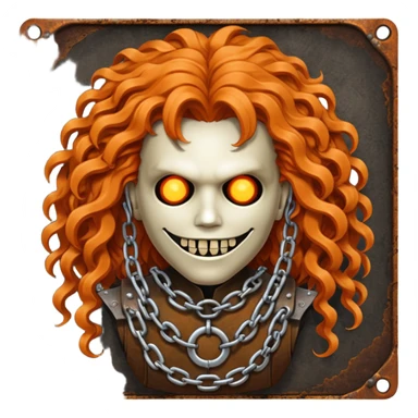 steam-punk Megadeth - iconic mascot  made of rusty metal with chains on its teeth, huge curly orange hair sticker