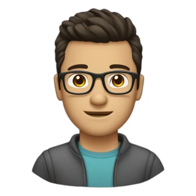 it guy with top knot hair cut, dark brown hair, dark brown eyes, has square glasses on sticker