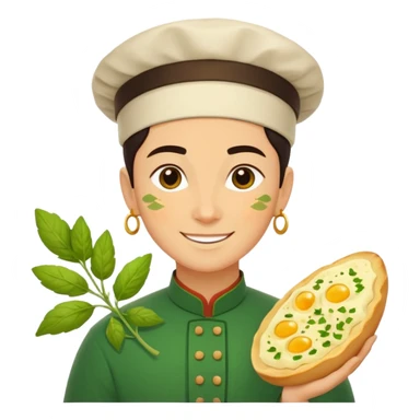 Georgian cuisine avatar in bright emoji-style illustration. Khachapuri and herbs, rich golden and green colors, simple shapes, flat design, strong character. sticker
