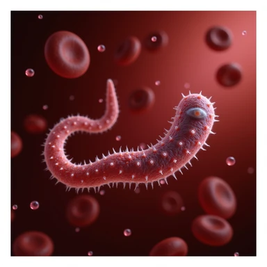 hyperrealistic 4K close-up of Trypanosoma in human blood, S or C shape, flagellum and nucleus highlighted, red blood cells and plasma in background, clinical atmosphere sticker