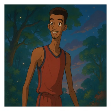 portrait of Wembanyama, elongated limbs, expressive eyes, magical setting, Ghibli style sticker