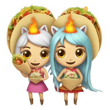 two women eating tacos, riding a unicorn, surrounded by a heart made of fire sticker