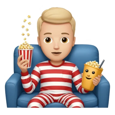 male memoji, lazy man in pajamas, lying on couch, holding TV remote, relaxed face, casual home vibe, popcorn bucket, watch tv sticker