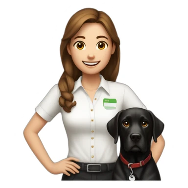 girl with brown hair in white shirt with black labrador holding a cheque with "100,-" sticker