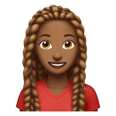 Light brown lady smiling,  brown long African braids, bright red lips, eyelashes, wearing red “happy Valentine’s Day” t shirt sticker