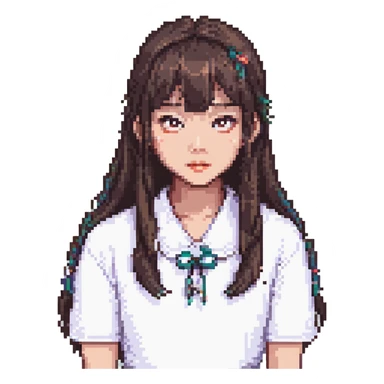 Asian girl with thin bangs, long hair, round eyes, pixel art style sticker