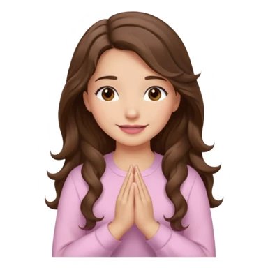 girl with wavy long brown hair, brown eyes, light to medium complexion, long lashes, light pink lipstick, praying, smiling, wearing light pink shirt sticker
