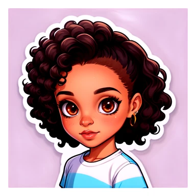 brown lightskin girl with brown eyes, black curly hair in a middle part with a nose ring on the right and wearing a white tibe top sticker