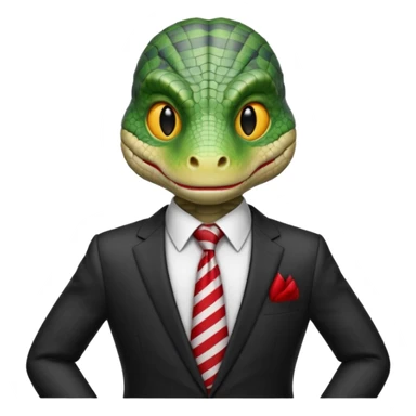 A reptilian humanoid dressing a suit, striped red and white tie, human emoji style, his face is seriously and sarcastic sticker