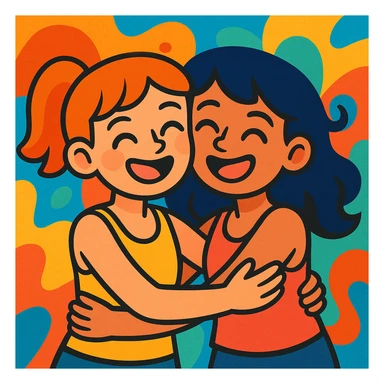 two girls in tank tops hugging, best friends, warm and joyful, colorful cartoon style illustration sticker