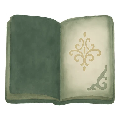 Change the cover of this open antique book to a dark green color, maintaining the dreamy painterly watercolor style with visible brushstrokes, on a transparent background. sticker