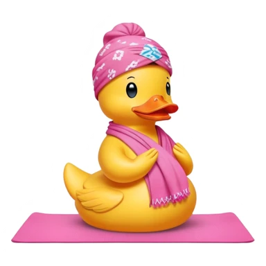 side view of yellow rubber duck with a pink bandana doing yoga while praying sticker