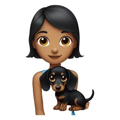 A black haired girl with blue eyes and a black and tan dachshund in her hand sticker