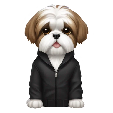 The Shih Tzu dog is white and brown in a black jacket sticker