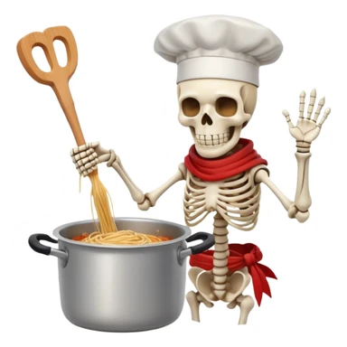 Papyrus from Undertale cooking spaghetti, tall skeleton with red scarf and white armor, enthusiastically stirring pasta in a pot, chef hat sticker