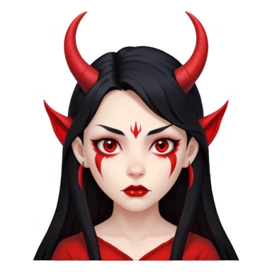 Head only: demon girl, 100% red skin, long black hair, small horns, sharp cheekbones, serious eyes, full lips, pointed ear; centered, no body, no text. sticker