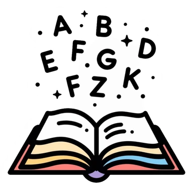 Literacy app icon with open book and alphabet letters floating above it sticker