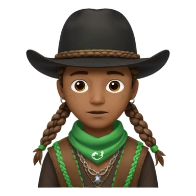 Black boy with 3 braids on each side of face wearing a black cowboy hat with green bandana around his neck sticker