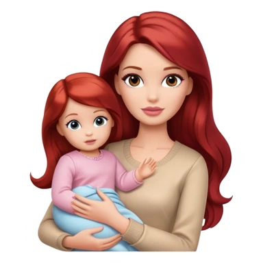 A barbie girl with makeup with dark brown hair long with a baby, a daughter, a girl with red hair, holding her hand in beige clothes sticker