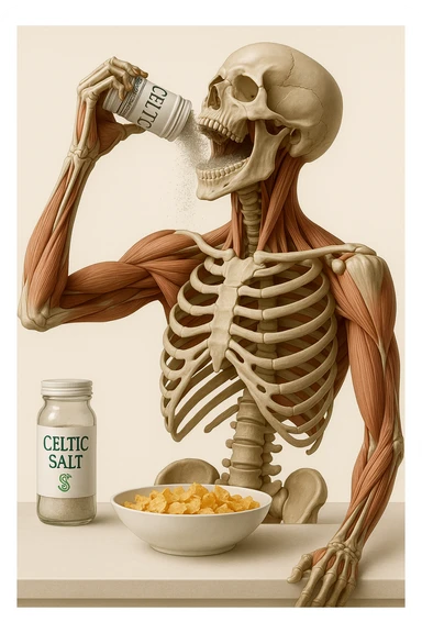 Create a vertical hyperrealistic 4K medical illustration in the style of the reference image. Depict an ultra-detailed human body with a jar labeled 'CELTIC SALT', throwing salt into his mouth at breakfast. The background should be neutral and clear, with vertical format. Maintain the ultra-detailed medical illustration style as in the reference. sticker