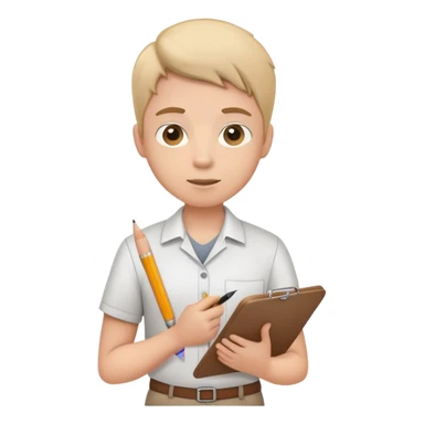 intern or volunteer holding a clipboard and pencil, ready to take notes or assist. The character wears a simple shirt and has an eager posture sticker