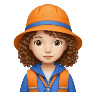 A little girl student curly brown hair, with beige bucket hat, orange jacket, blue backpack sticker