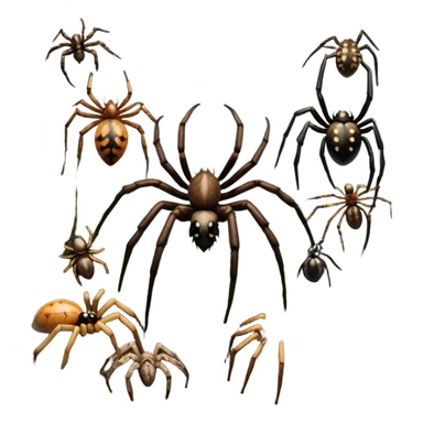 Collage of various spiders, including tarantulas and other exotic species, inside a  terrarium with webs and natural décor. Close-up shots of their intricate legs, eyes, and fuzzy bodies. Soft lighting, transparent background. sticker
